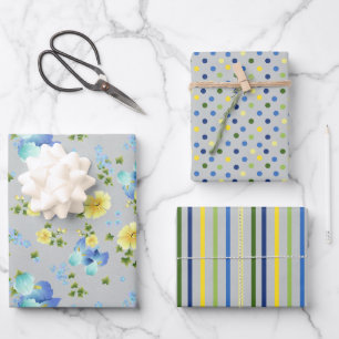 Gelbe Buttertassen und blaues Iriswackelpapier Geschenkpapier Set