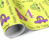 Gelbe Cartoon Vierte Geburtstage Geschenkpapier (Rolleneckpunkt)