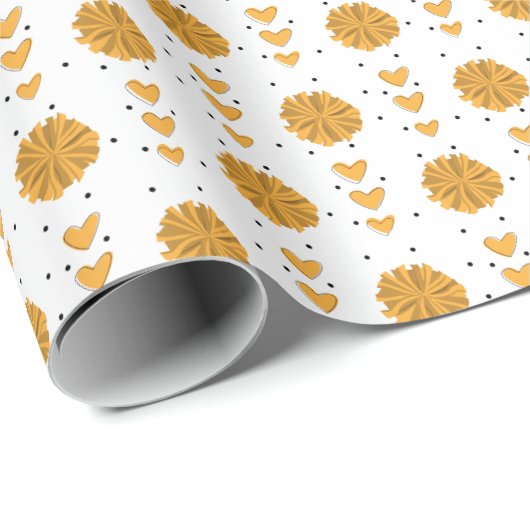 Gelbe Cheerleader Pom Poms & Hearts Muster Geschenkpapier (Rolleneckpunkt)