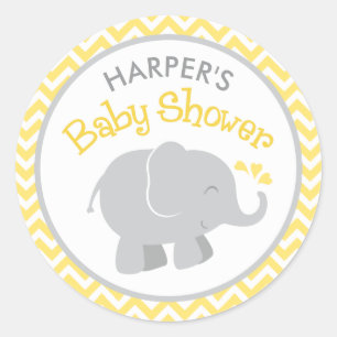 Gelbe Chevron Grauer Elefant Baby Shower Runder Aufkleber