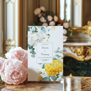 Gelbe Chrysantheme Weiße Päonie Eukalyptus Einladung