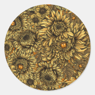 Gelbe Chrysanthemenblüten und orange Käfer Runder Aufkleber