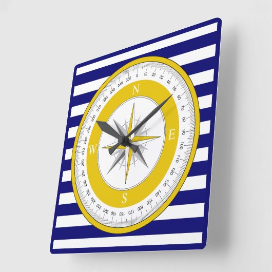 Gelbe Compass-Rose Blau und Weiß Streifen Quadratische Wanduhr (Winkel)