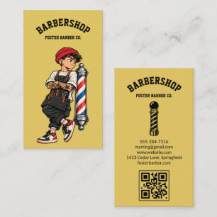 Gelbe Coole Barbier-Maskottchen-Friseur-QR Visitenkarte