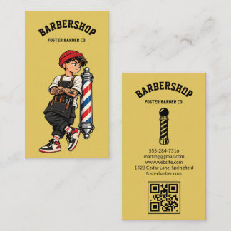 Gelbe Coole Barbier-Maskottchen-Friseur-QR Visitenkarte