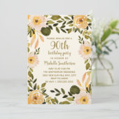 Gelbe Creme Blumengrün 90. Geburtstag Einladung (Stehend Vorderseite)