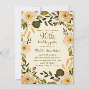 Gelbe Creme Blumengrün 90. Geburtstag Einladung