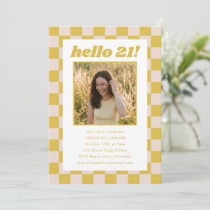 Gelbe Creme Karo Foto Hallo 21 Geburtstagsfeier Einladung
