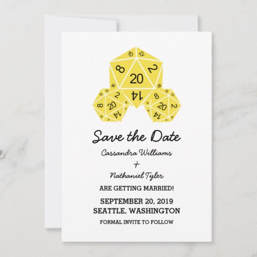 Gelbe D20-Würfel Save the Date einladen Einladung (Vorderseite)