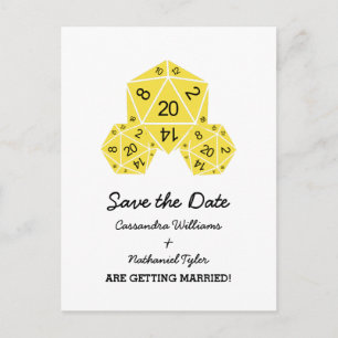 Gelbe D20 Würfel Save the Date Postkarte