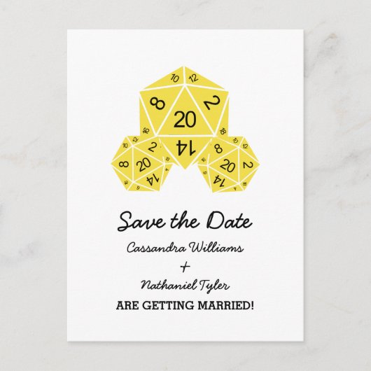 Gelbe D20 Würfel Save the Date Postkarte (Vorderseite)