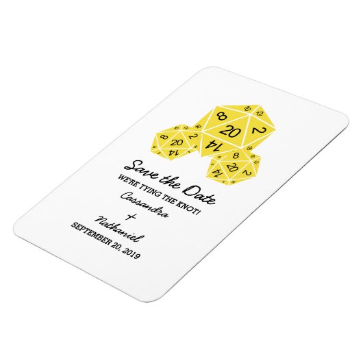 Gelbe D20-Würfel speichern Sie das Datumsfenster Magnet (Linke Seite)