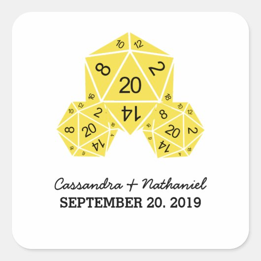 Gelbe D20-würzige Hochzeitskleber Quadratischer Aufkleber (Vorderseite)
