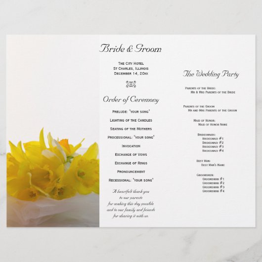 Gelbe Daffodien auf dem Programm für die Hochzeit (Vorderseite)