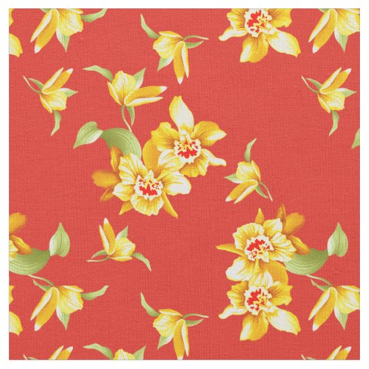 Gelbe Daffodien auf Rot Stoff (Nahaufnahme)