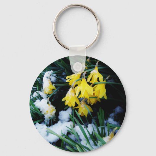 Gelbe Daffodien Blume im Schnee Schlüsselanhänger (Vorderseite)