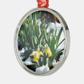 Gelbe Daffodien Blume im Schnee Silbernes Ornament (Links)