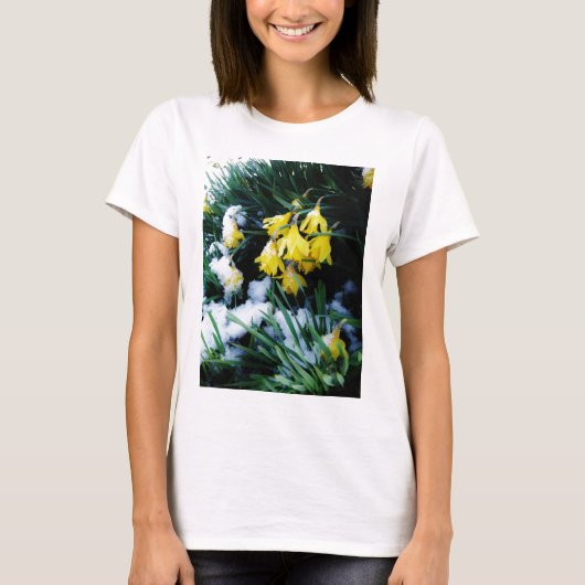 Gelbe Daffodien Blume im Schnee T-Shirt (Vorderseite)