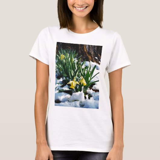 Gelbe Daffodien Blume im Schnee T-Shirt (Vorderseite)