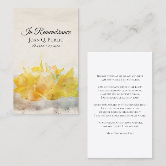 Gelbe Daffodien Frühlingsfest Gedenkgebet Visitenkarte (Vorne/Hinten)