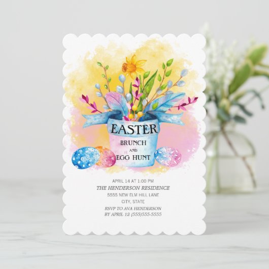 Gelbe Daffodien Rosa Osterbrunch Ei Hunt Einladung (Stehend Vorderseite)