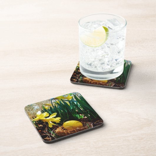 Gelbe Daffodien und ein Gelbes Osterei Getränkeuntersetzer (Rechte Seite)