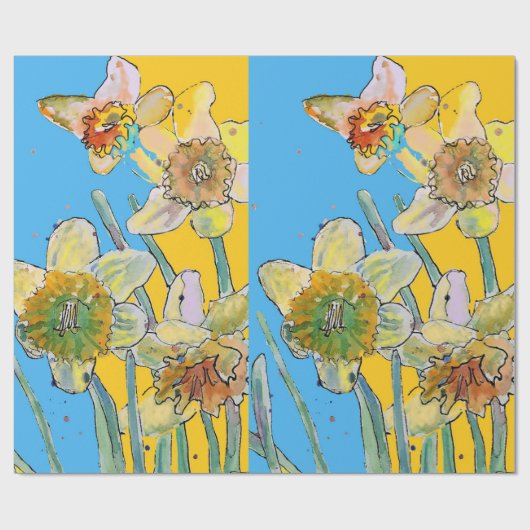 Gelbe Daffodil Blauer Frühling Blüten Wasserfarbe Geschenkpapier (Flach)