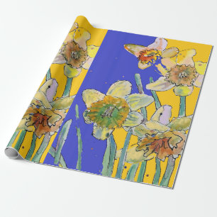 Gelbe Daffodil Blauer Frühling Blüten Wasserfarbe Geschenkpapier
