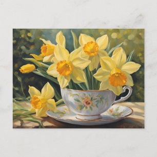 Gelbe Daffodil-Blume im Vintagen Tea Cup Postkarte