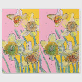 Gelbe Daffodil Rosa Frühlingsblumen Wasserfarbe Geschenkpapier (Flach)