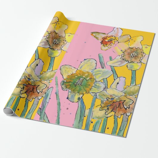 Gelbe Daffodil Rosa Frühlingsblumen Wasserfarbe Geschenkpapier (Ungerollt)