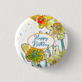 Gelbe Daffodin Affodin Blume Wasserfarbe Button (Vorderseite)
