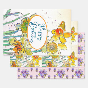 Gelbe Daffodin Affodin Blume Wasserfarbe Geschenkpapier Set