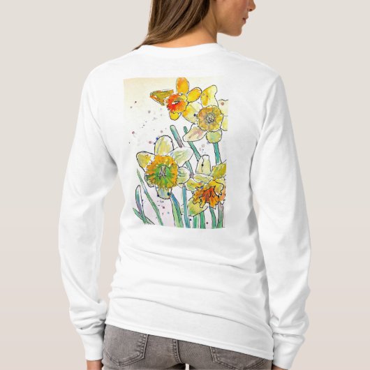Gelbe Daffodische Aquarellkunst Frauen T Shirt (Rückseite)
