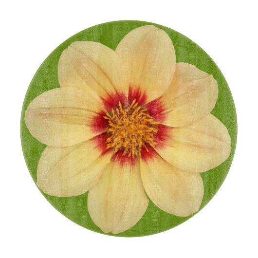 Gelbe Dahlia auf grüner Flora Schneidebrett (Vorderseite)