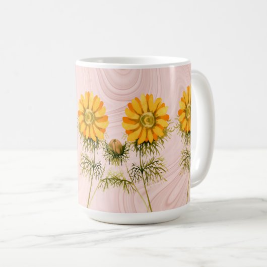 Gelbe Daisy-Blume auf Imitaten Rosa Marmor Kaffeetasse (VorderseiteRechts)