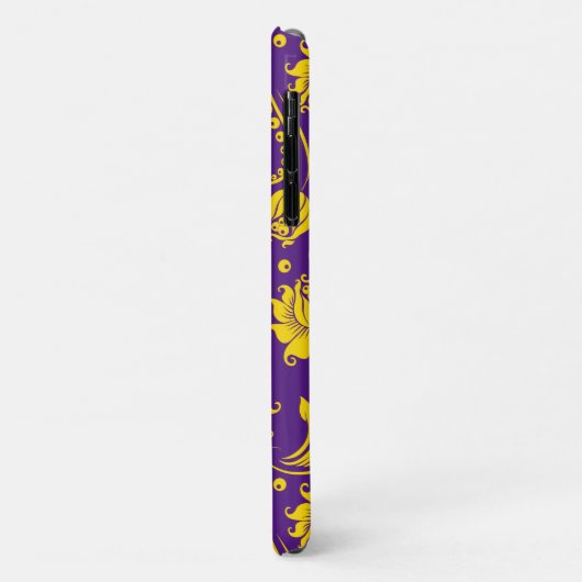 Gelbe Damasken auf lila Case-Mate iPhone Hülle (Hinten/Links)