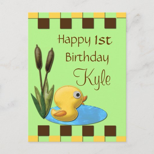 Gelbe Duckie, Teich & Kattails 1. Geburtstag Postkarte (Vorderseite)