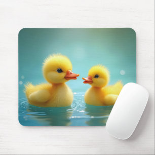 Gelbe Ducklings, die auf blauem Wasser schwimmen Mousepad