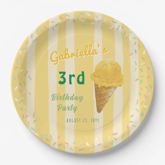 Gelbe Eiscrème-Sprinkle-Sommer-Geburtstagsfeier Pappteller (Vorderseite)