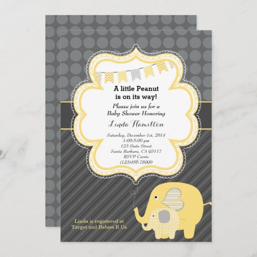Gelbe Elefant Babydusche Einladung (Vorne/Hinten)