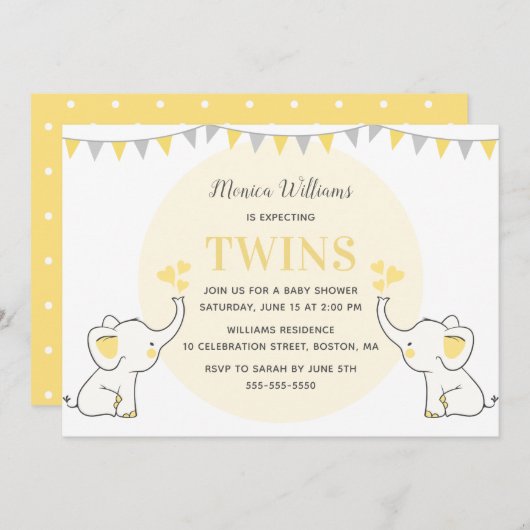 Gelbe Elefant Babydusche | Twins Baby Dusche Einladung (Vorne/Hinten)
