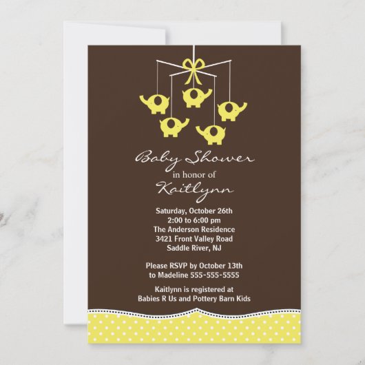 Gelbe Elefant Mobile Babydusche Einladung (Vorderseite)