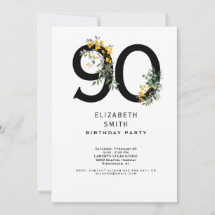 Gelbe elegante Geburtstagsfeier zum 90. mit Blumen Einladung