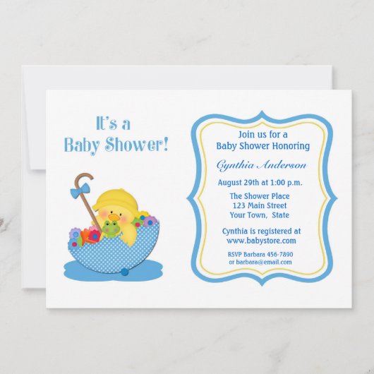 Gelbe Ente, blaue Regenschirm-Babyparty Einladung (Vorderseite)
