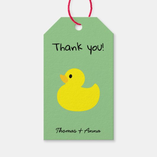 Gelbe Ente Danke, grüne Farbe (Größe) Geschenkanhänger (Vorderseite)