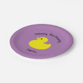 Gelbe Ente Happy Birthday Violet Farbe Pappteller (Schrägansicht)