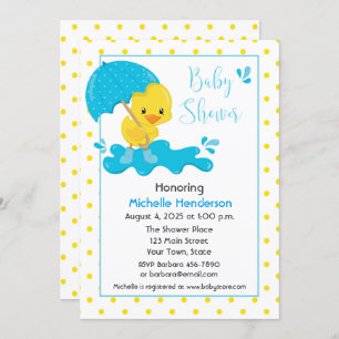 Gelbe Ente, Regenschirm und Polka Dots Babydusche Einladung
