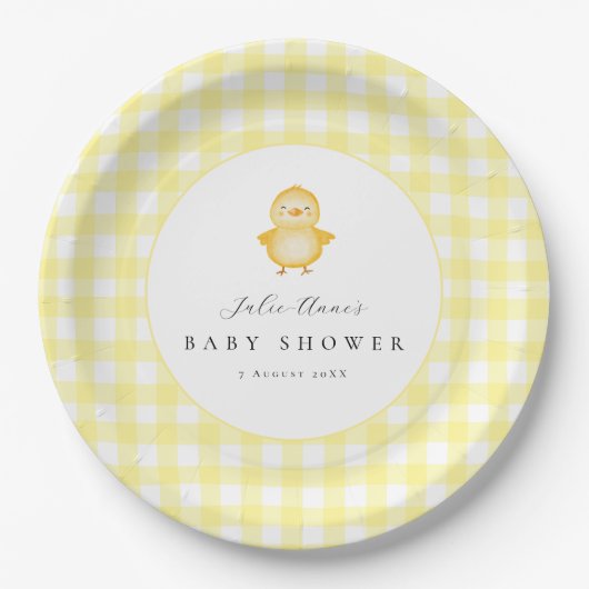 Gelbe Enten-Gingham-Baby-Shower-Papierteller Pappteller (Vorderseite)