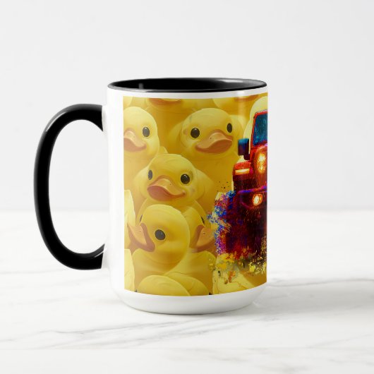 Gelbe Enten mit einem 4x4-Piep-LKW Tasse (Links)
